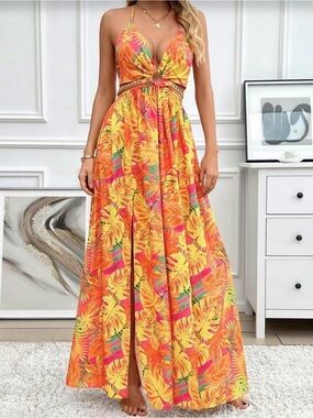Never Worn!  Tropical Orange Halter Maxi Dress with Cutout